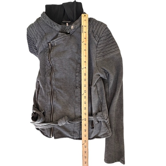 Free People Pinstripe Hooded Knit Moto Jacket in Charcoal Stripes Y2K Size Small - Picture 12 of 13